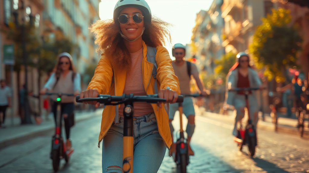 A young woman leads a vibrant group of friends on electric scooters down a sunlit urban street, exuding freedom and joy.
